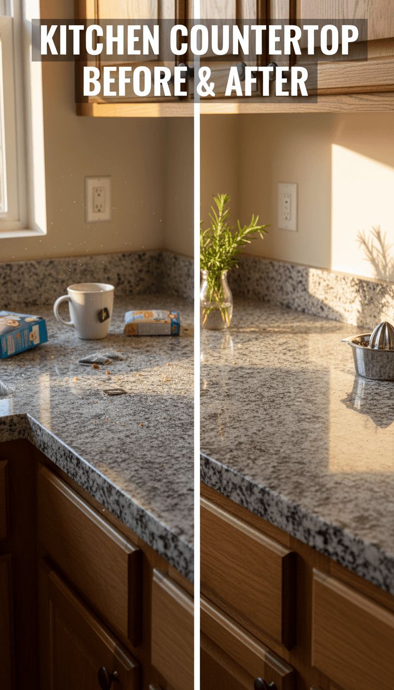 Kitchen countertop before and after deep cleaning