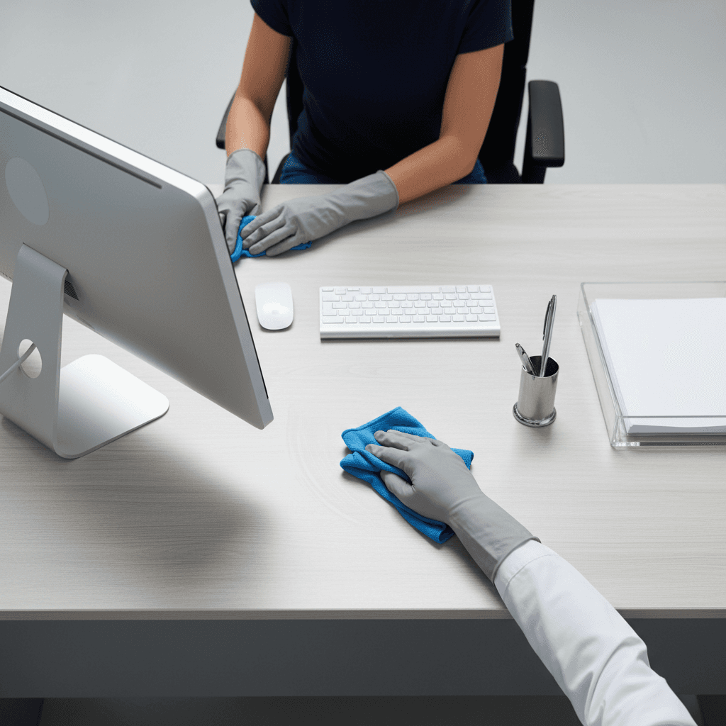Detailed view of professional cleaning and organizing a commercial office workspace