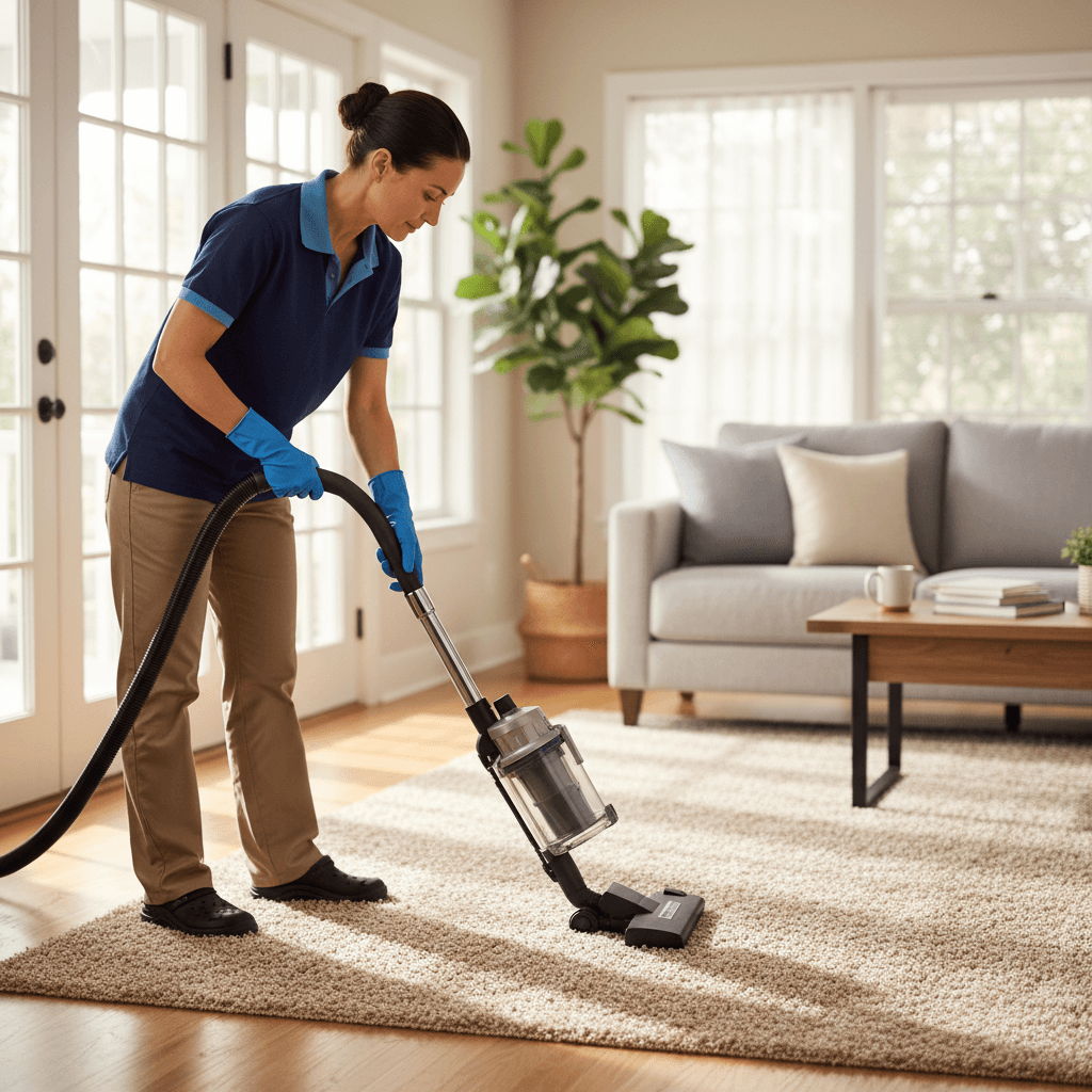 Cleaner performing thorough carpet and floor maintenance during weekly service