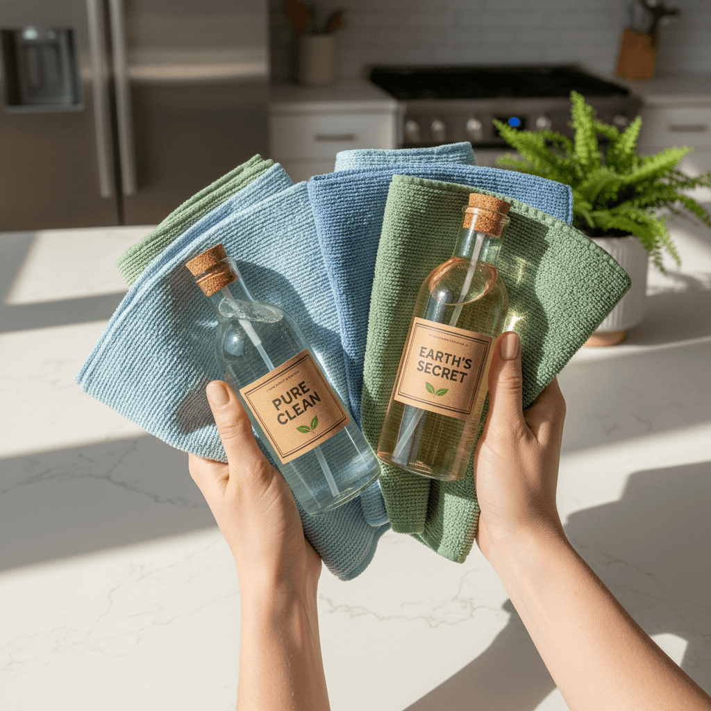 Professional cleaning supplies and microfiber cloths ready for service