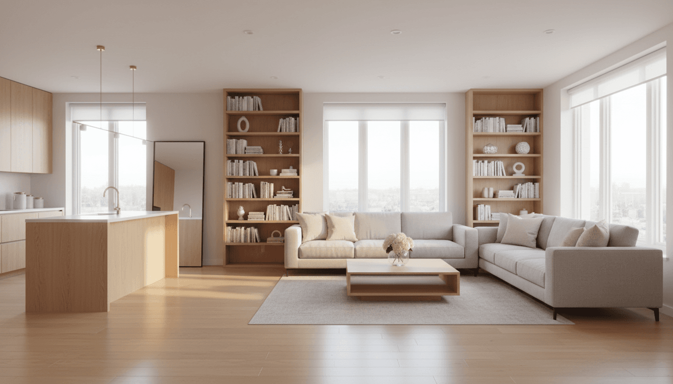 Bright, clean modern home with sunlight illuminating spotless surfaces and gleaming floors