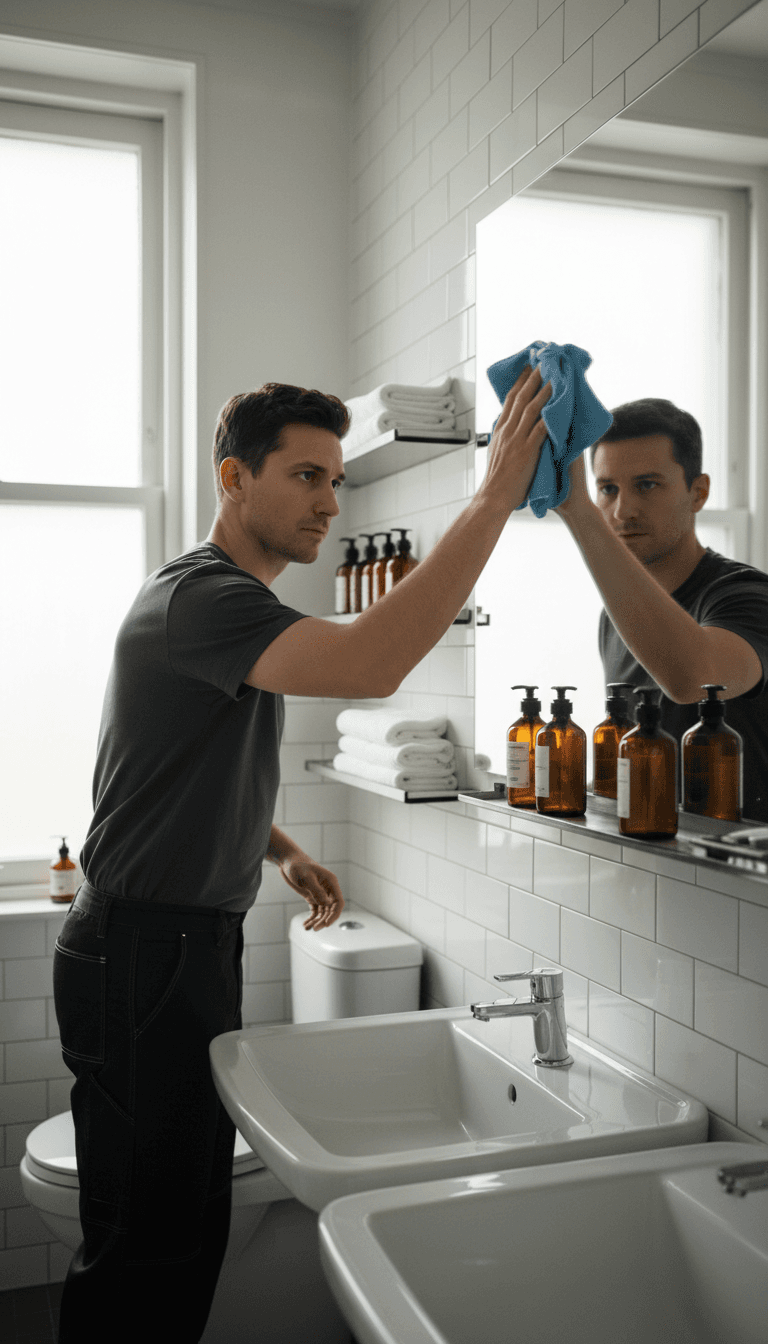 Professional cleaner polishing bathroom mirror