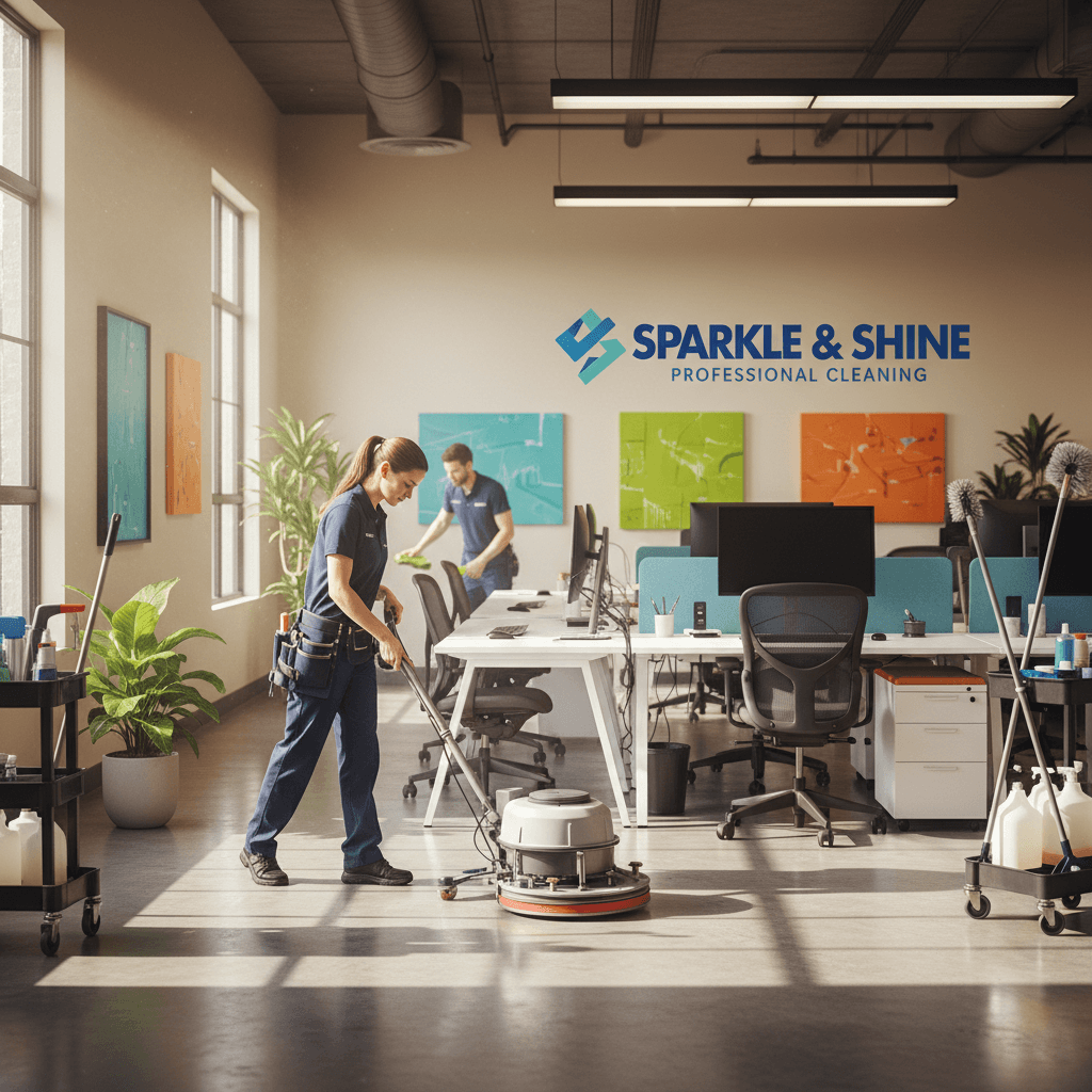 Professional cleaner maintaining commercial office space