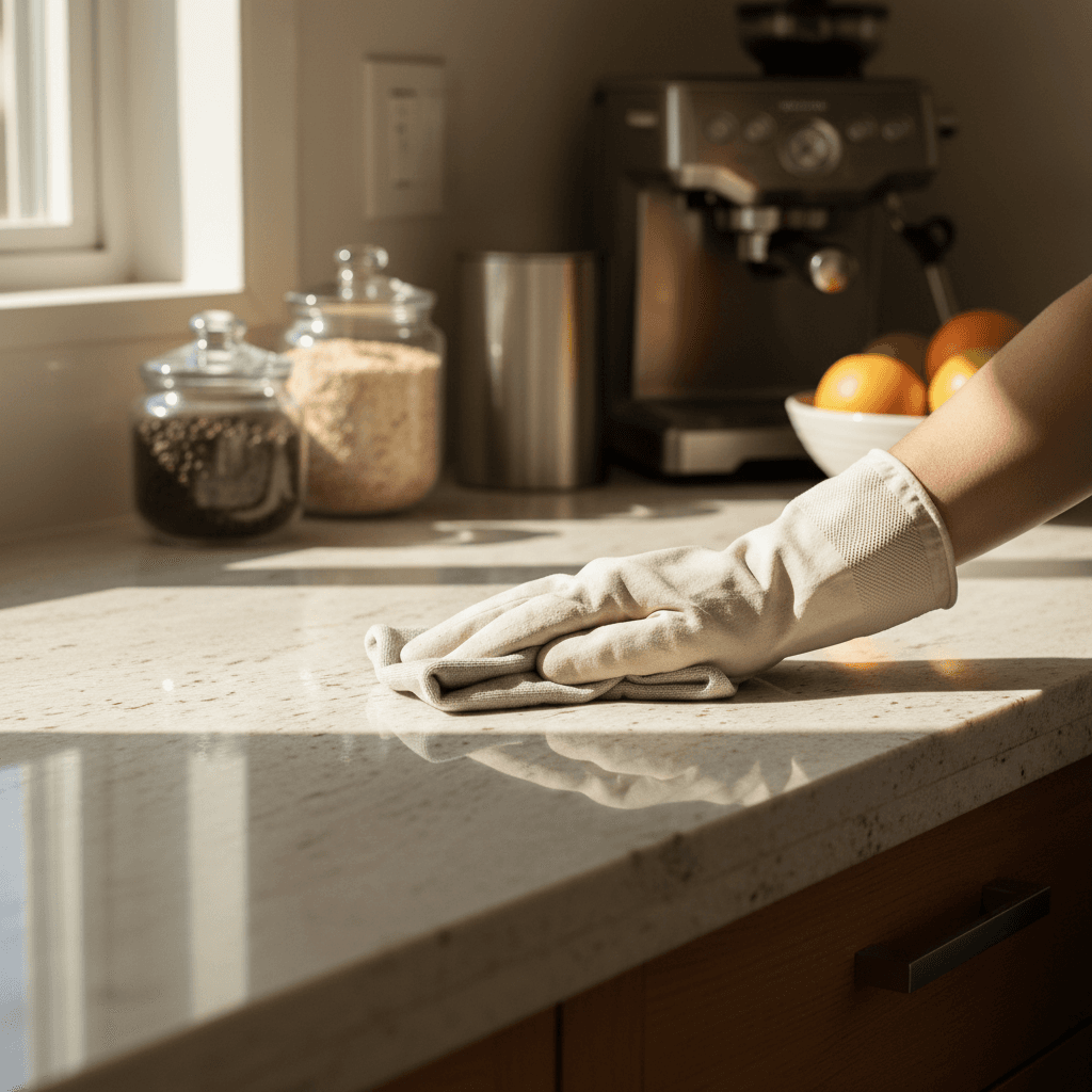 Meticulous cleaning and polishing of kitchen countertops and surfaces