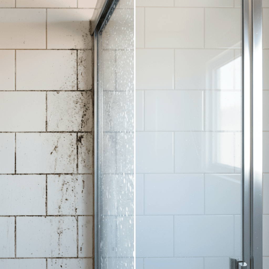Bathroom tiles before and after cleaning