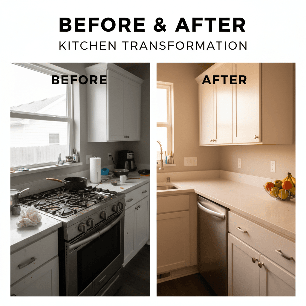 Kitchen before and after deep cleaning
