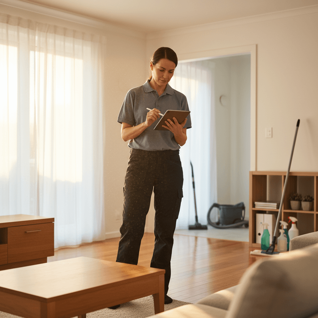 Professional cleaner reviewing cleaning plan in residential home