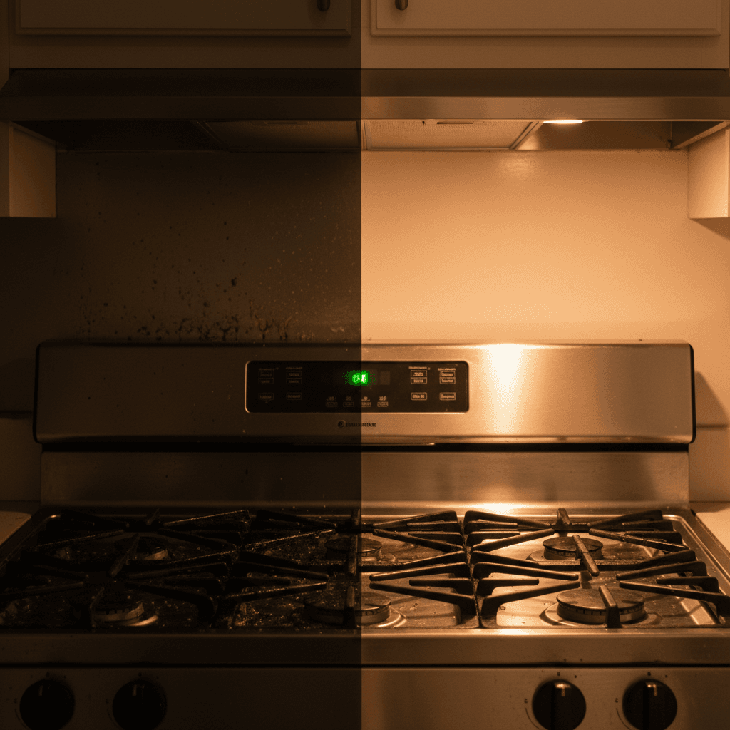 Kitchen stovetop before and after deep cleaning