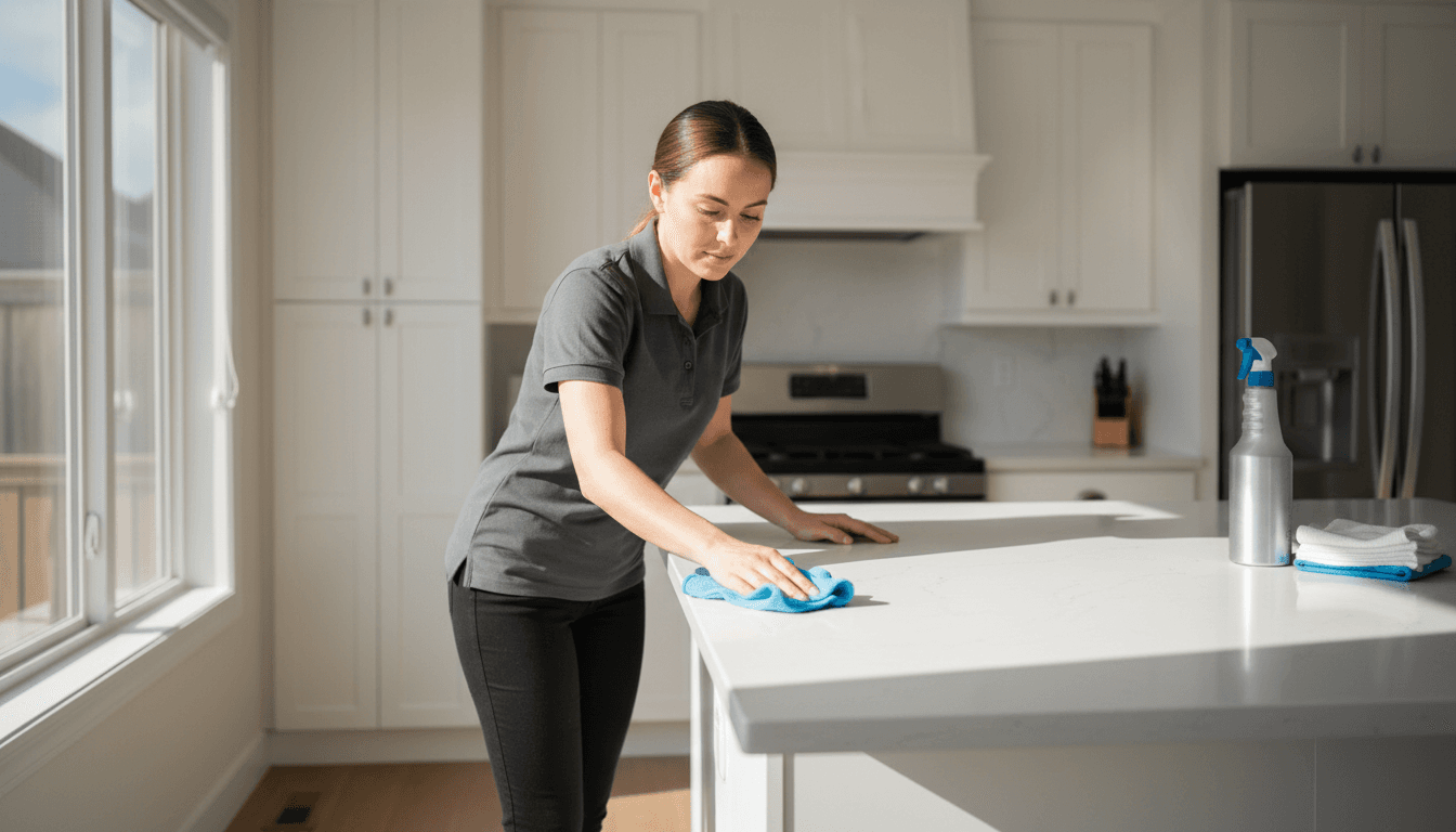Professional cleaner polishing a kitchen countertop with focused attention to detail
