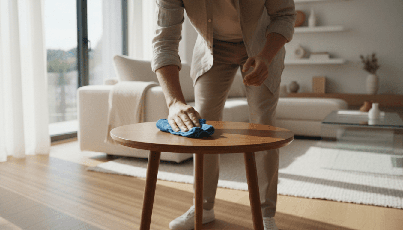 Professional cleaner polishing a wooden table in a bright, modern living room